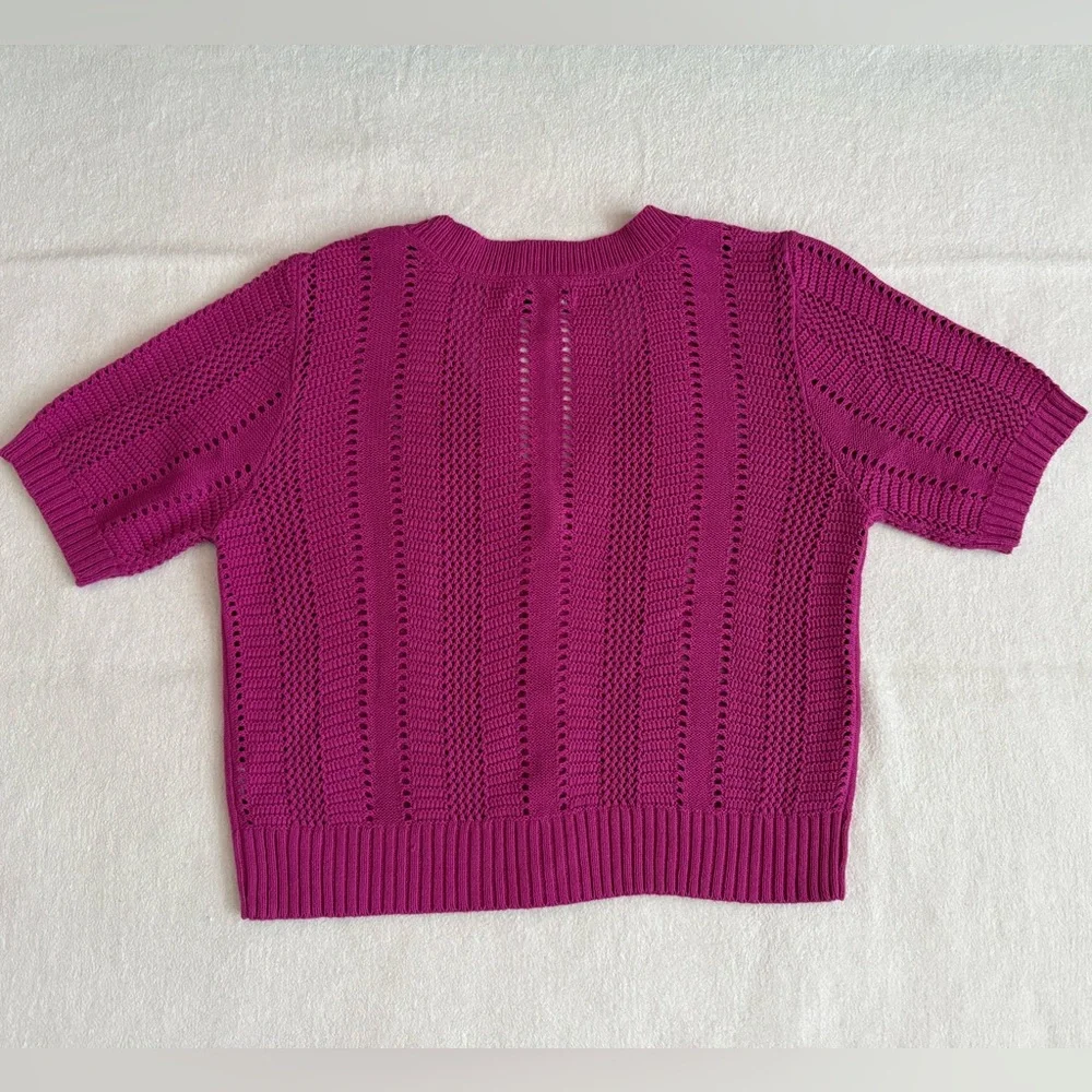 Sonoma Short Sleeve Crochet Cropped Cardigan Magenta Size L - Picture 2 of 5